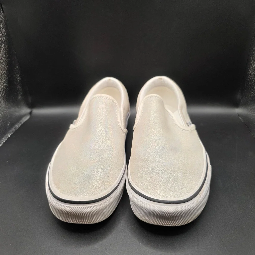 Vans Classic Slip-On Silver Iridescent Glitter Suede Sneakers Womens 8.5 500714
